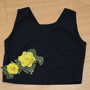 Elegant Black Top with Yellow Floral Embroidery